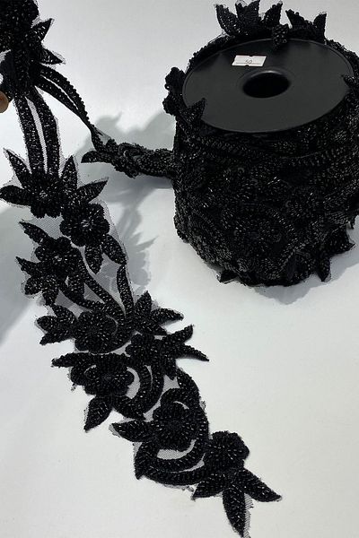 Limelia Black Bead Embroidered Flower Pattern Wide Ribbon Applique 1 Meter
