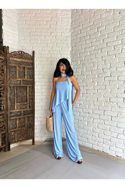 moneta boutique Women's Scarf Double Strapless Blouse and Trousers Set