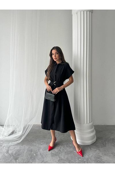 S&A Collectionn Women's Shirt Collar Button Belted Short Sleeve Knee-Length Dress