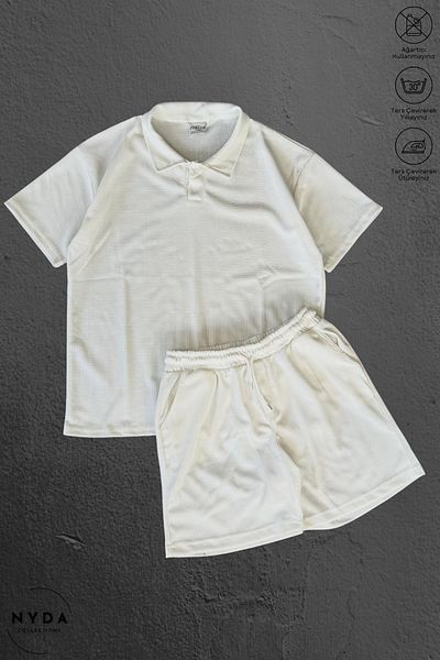 Nyda Collections Cotton Honeycomb Fabric Pattern Men Women Unisex Polo Neck T-Shirt and Shorts Set Set of 2