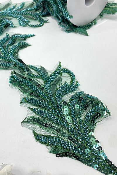 Limelia Emerald Green Bead Embroidered Leaf Pattern Wide Ribbon Applique 1 Meter