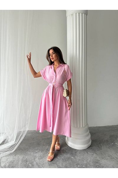 S&A Collectionn Women's Shirt Collar Button Belted Short Sleeve Knee-Length Dress