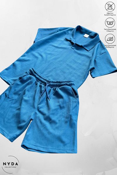 Nyda Collections Cotton Honeycomb Fabric Pattern Men Women Unisex Polo Neck T-Shirt and Shorts Set Set of 2