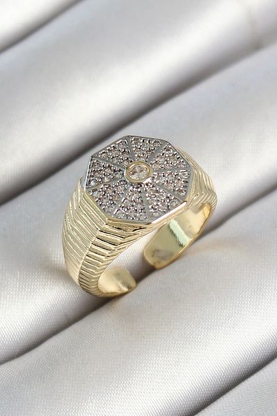 BESKAR Brass Octagon Figure Zircon Stone Gold Color Adjustable Women's Ring