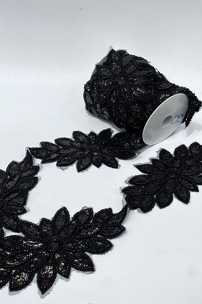 Limelia Black Bead Embroidered Flower Pattern Baklava Wide Ribbon Applique 1 Meter