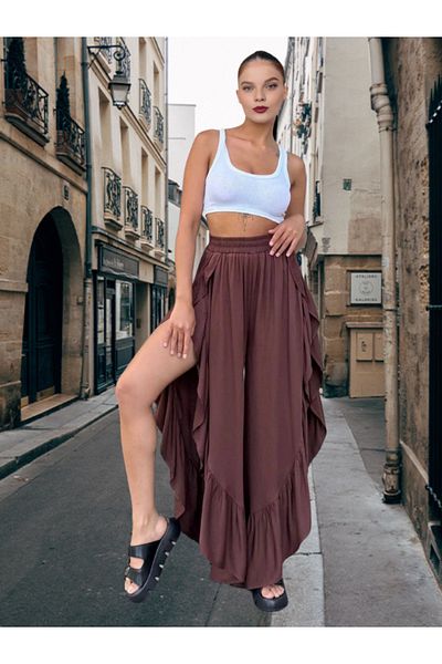 BEES JEANS Бохемски стил, висока талия, дълбок страничен цеп, асиметричен крой с волани, ежедневни панталони с пола
