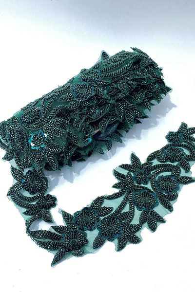 Limelia Green Bead Embroidered Flower Pattern Wide Ribbon Applique 1 Meter