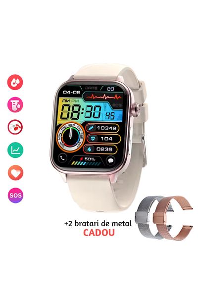 Lommad ® Smartwatch, 1.96" Display, Uric Acid Monitoring, Blood Sugar, Blood Pressure, Beige-Pink