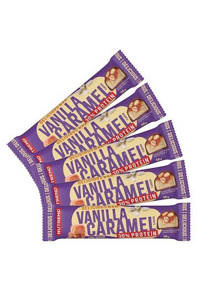 Nutrend Set de 5 batoane proteice x 50g, Baton Delicios, Nutrend, Aromă de Vanilie și Caramel în Gluten de Ciocolată cu Lapte