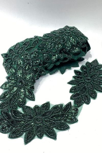 Limelia Emerald Green Bead Embroidered Flower Pattern Baklava Wide Ribbon Applique 1 Meter