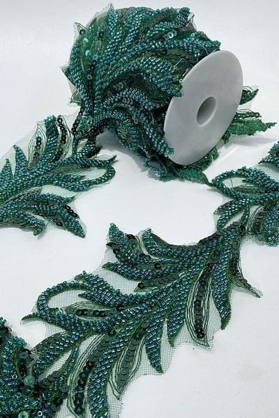 Limelia Emerald Green Bead Embroidered Leaf Pattern Wide Ribbon Applique 1 Meter