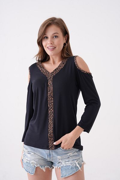 MAMAYAGA Kadon, cu umeri deschisi, cu mâneci trei sferturi, cu dungi leopard, bluză sport elegantă, cu potrivire confortabilă