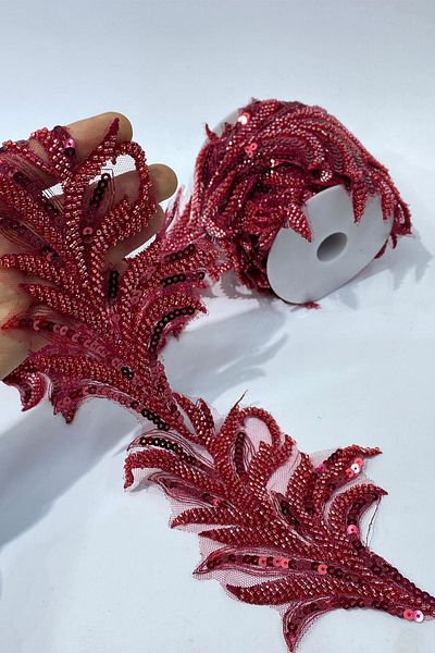 Limelia Burgundy Bead Embroidered Leaf Pattern Wide Ribbon Applique 1 Meter