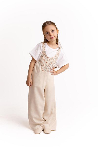Cigit Roba Complete Embroidered Linen Salopet 2-7 Years Natural