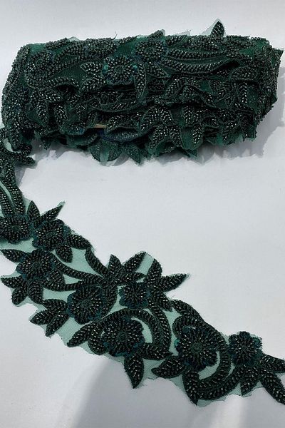 Limelia Green Bead Embroidered Flower Pattern Wide Ribbon Applique 1 Meter