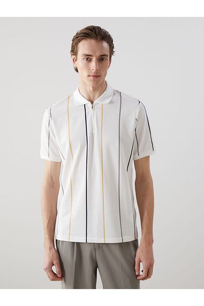 LC Waikiki Ανδρικό μπλουζάκι LCW Vision Ecru Polo με κοντό μανίκι ριγέ πικέ S59335Z8NVY25