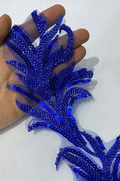 Limelia Saks Blue Bead Embroidered Leaf Pattern Wide Ribbon Applique 1 Meter