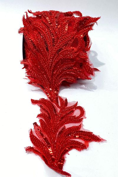 Limelia Red Bead Embroidered Leaf Pattern Wide Ribbon Applique 1 Meter