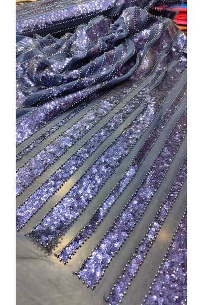 River Fabrics قماش فستان سهرة مطرز بالترتر باللون الأزرق الداكن