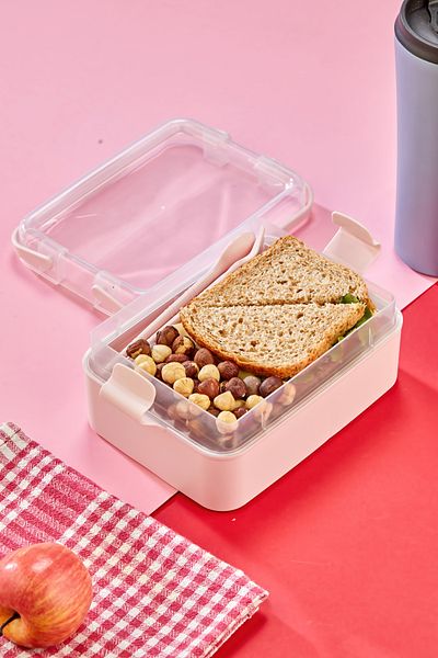 Espas Home Double Layer Portable Lunch Box – Transparent Lid, Handle, Leakproof Food Container - Pink