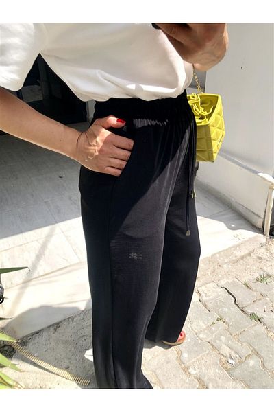 Gözde Tasarım Butik Women's Stone Color Waist Elastic Lace Pocketed Summer Baggy Pants