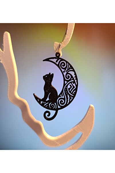 Black Cat Earrings Seated On Crescent, 3D Printed