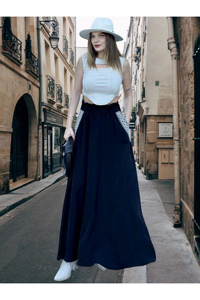 BEES JEANS Fusta lungă pentru femei cu talie elastică, buzunare brodate cu paie, croială confortabilă