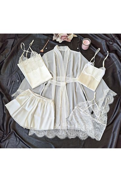 PEMBİŞ HOMEWEAR La Rozita Special White 5 Piece Satin Chiffon Dowry Set