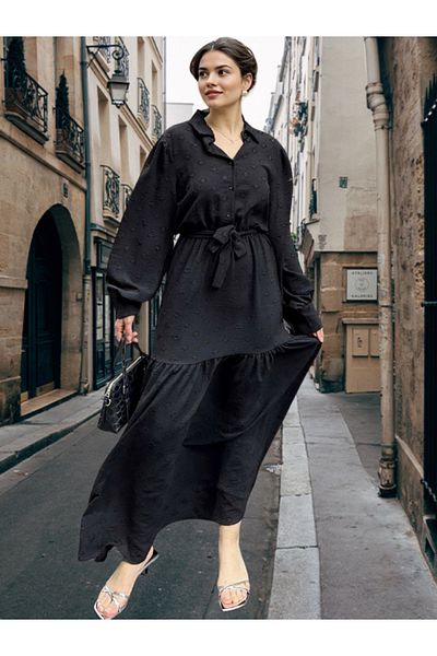 BEES JEANS Rochie neagră de damă din țesătură texturată, cu talie cu curea, mâneci balon, linie A, vintage - potrivită pentru hijab - 700-3550