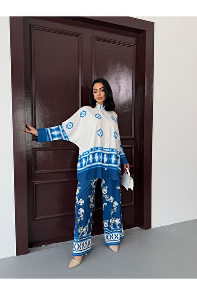 WellWay Imported Jessica Fabric Shirt & Pants 2 Piece Set-Turquoise Floral-25100