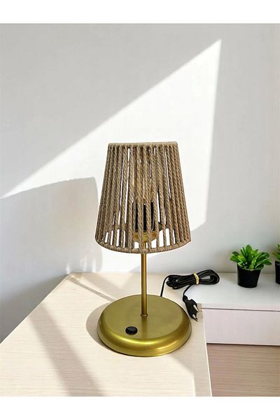 CONANA Lyris - Macrame Lampshade, Mini Table Lamp (Dark Beige Head, Gold Foot)
