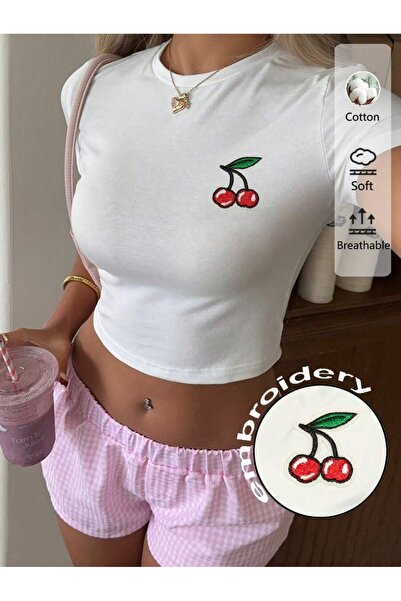 PALPİTO Дамска тениска с кръгло деколте и щампи от бяло с малки череши