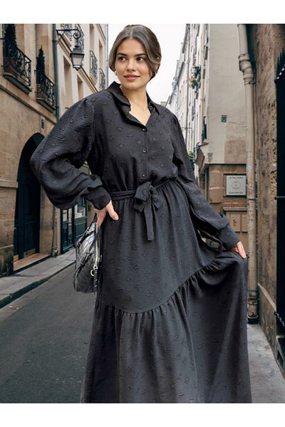 BEES JEANS Rochie neagră de damă din țesătură texturată, cu talie cu curea, mâneci balon, linie A, vintage - potrivită pentru hijab - 700-3550