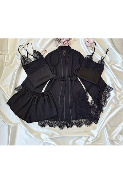 PEMBİŞ HOMEWEAR Σετ προίκας La Rozita Special Black 5 τεμαχίων Satin Chiffon
