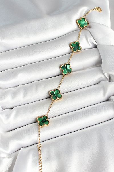 BESKAR 316L Steel Pearlescent Emerald Green Gold Color Clover Women's Bracelet