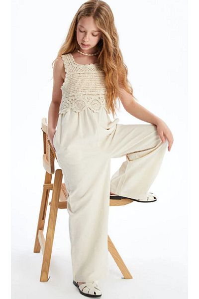 LC Waikiki Lcw Kids Beige Square Collar Lace Detail Linen Blend Girls Jumpsuit