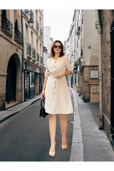 BEES JEANS Long Sleeve, Deep Shirt Collar Tie Waist Pocket Button Front, A-Line Loose Dress
