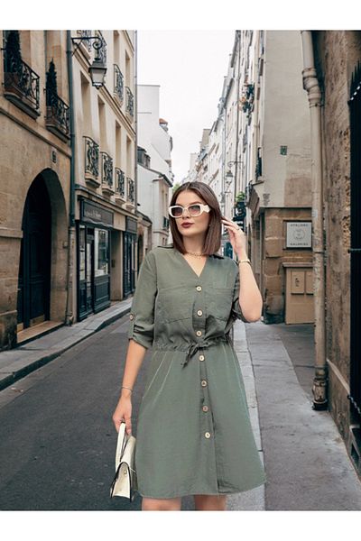 BEES JEANS Long Sleeve, Deep Shirt Collar Tie Waist Pocket Button Front, A-Line Loose Dress