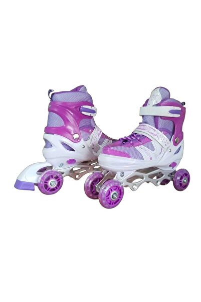 BURAK CAN SPORT Cansport Adjustable (2+2) Metal Body Silicone Wheel Lighted Children's Skating Skates
