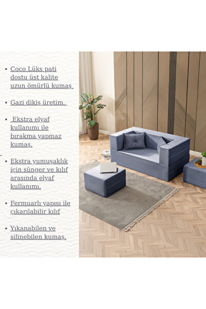 BRANNA HOME Neo Açılır Koltuk & 2 Li Puflu Uzanma Koltuğu & Çok Amaçlı Aktivite & Yatak Olabilen Lacivert