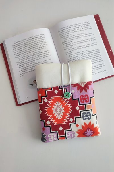Outlet Çarşım Ethnic Patterned Linen Book Cover 2 Compartments Book Lover Gift