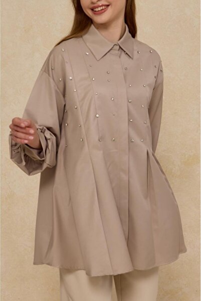 Nuesscollection Taşlı Tesettür Gömlek (Vizon rengi) (1 beden 36/38/40) (2 bed...
