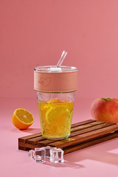 Espas Home Premium Glass Cup – Stripe Detailed, Straw, Leakproof Lid / Pink Stripe