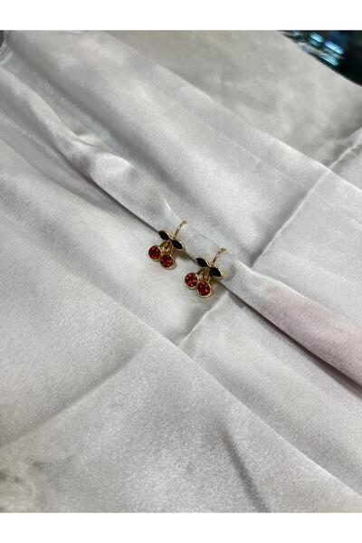 Çınar Aksesuar Kırmızı Taşlı Gold Renk Kiraz Küpeler