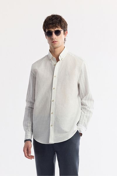 Avva Men's Navy Blue Button Collar Striped Long Sleeve Shirt A51Y2022
