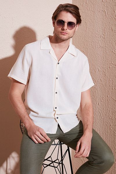 Buratti Linen Look Short Sleeve Open Collar Regular Fit Shirt Men's Shirt Cf23s116775