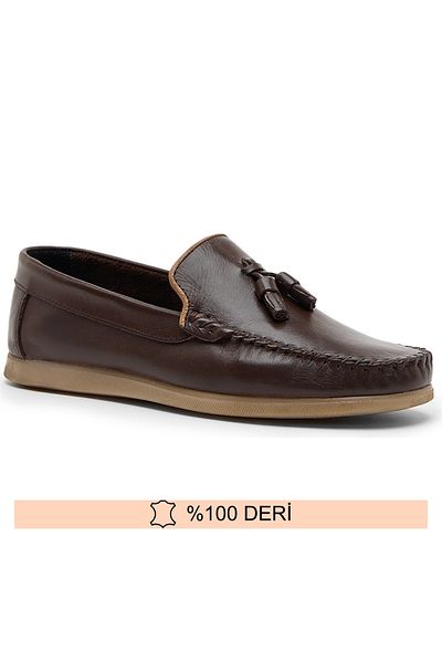 Fine Ayakkabıcılık Genuine Leather Brown Men's Tasseled Summer Shoes 39-45