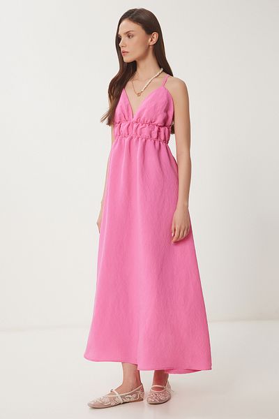 Lovelyİstanbul Rochie de vară din popelin cu spate decoltat ROZ ÎNCHIS LDP0043