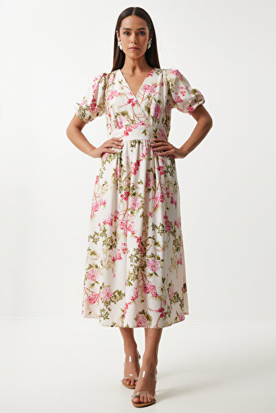 Lovelyİstanbul Καλοκαιρινό φόρεμα εκρού ροζ V-λαιμόκοψη με φλοράλ μοτίβο βισκ...