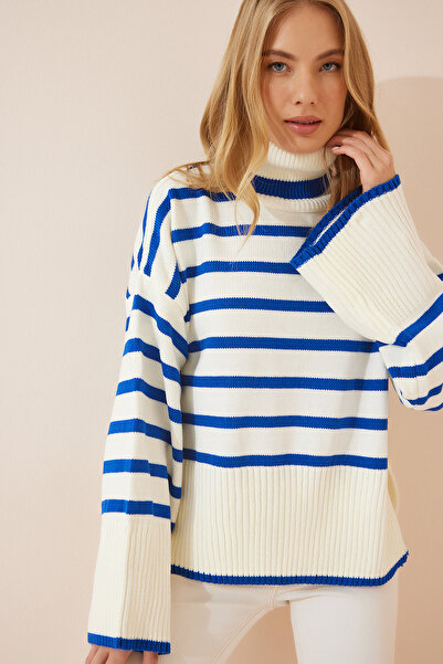 Lovelyİstanbul Pulover de tricotaj supradimensionat cu dungi cu gât - Bone Bl...